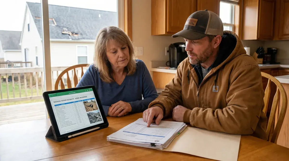Homeowner reviewing insurance estimate with roofing contractor